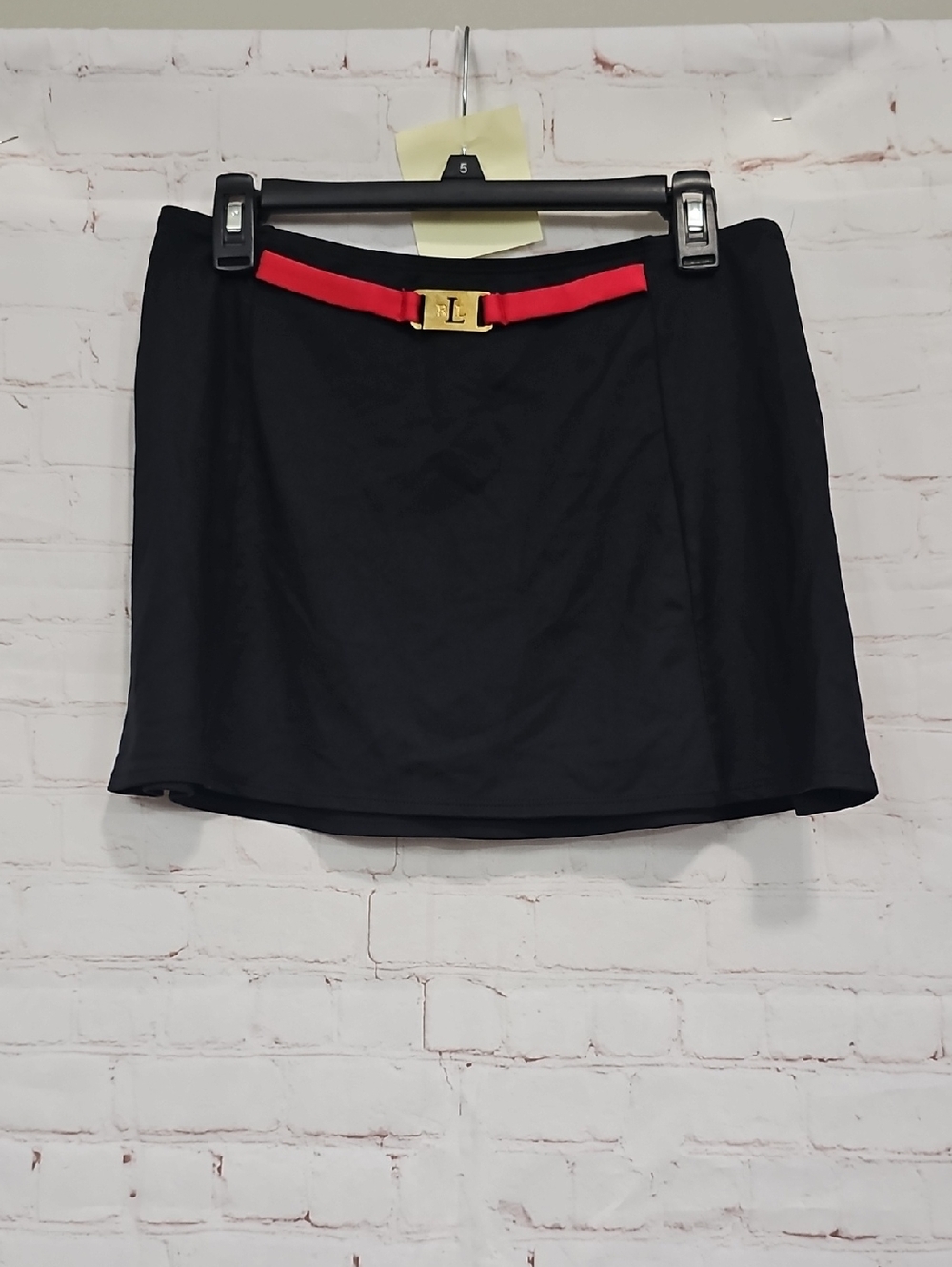 Lauren Ralph Lauren Black Mini Skirt with Red Belt and Gold Logo Buckle